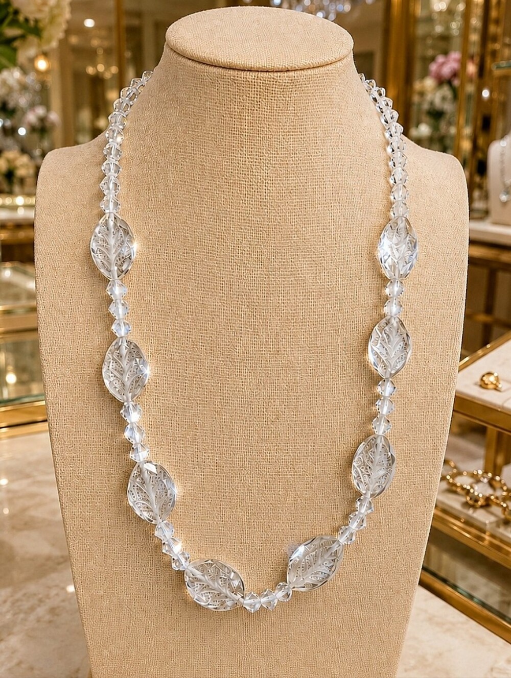 Faceted Oval Etched Floral Vintage Clear Crystal Glass Bicone Necklace 1960's